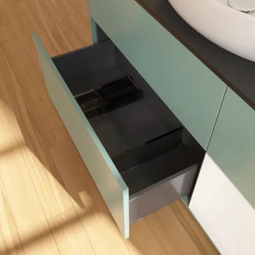 Bild von VILLEROY BOCH Finion Waschbeckenunterschrank, mit Beleuchtung, 3 Auszüge, 1200 x 603 x 501 mm, Olive Matt Lacquer / White Matt Lacquer / Glass Black Matt #F952MTGM