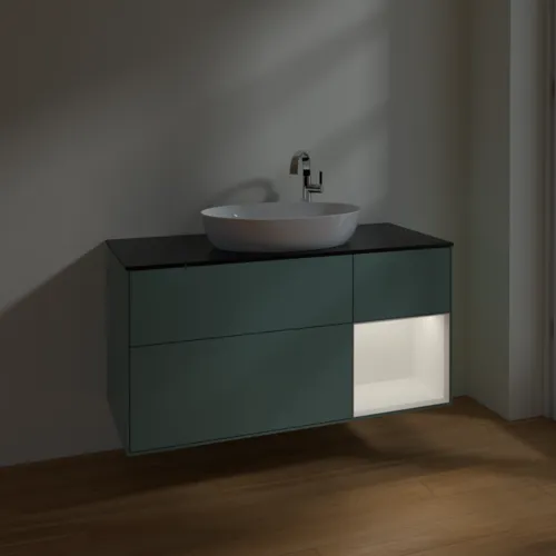 Bild von VILLEROY BOCH Finion Waschbeckenunterschrank, mit Beleuchtung, 3 Auszüge, 1200 x 603 x 501 mm, Olive Matt Lacquer / White Matt Lacquer / Glass Black Matt #F952MTGM