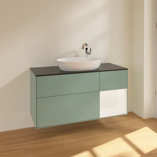 Bild von VILLEROY BOCH Finion Waschbeckenunterschrank, mit Beleuchtung, 3 Auszüge, 1200 x 603 x 501 mm, Olive Matt Lacquer / White Matt Lacquer / Glass Black Matt #F952MTGM