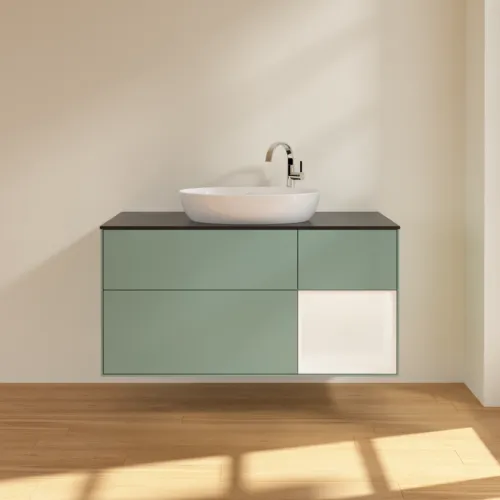 Bild von VILLEROY BOCH Finion Waschbeckenunterschrank, mit Beleuchtung, 3 Auszüge, 1200 x 603 x 501 mm, Olive Matt Lacquer / White Matt Lacquer / Glass Black Matt #F952MTGM