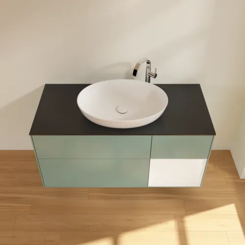 Bild von VILLEROY BOCH Finion Waschbeckenunterschrank, mit Beleuchtung, 3 Auszüge, 1200 x 603 x 501 mm, Olive Matt Lacquer / White Matt Lacquer / Glass Black Matt #F952MTGM