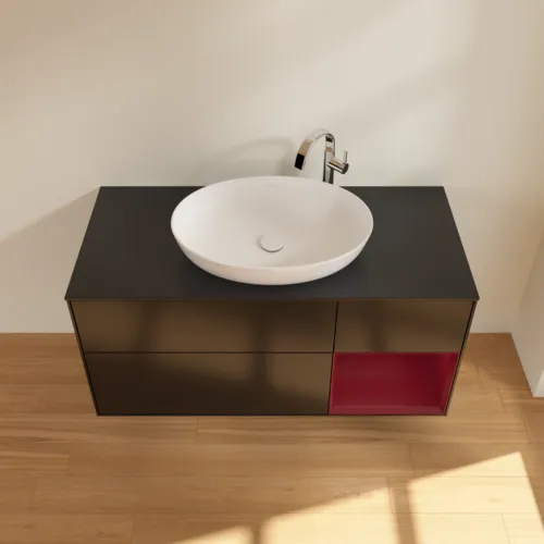 Bild von VILLEROY BOCH Finion Waschbeckenunterschrank, mit Beleuchtung, 3 Auszüge, 1200 x 603 x 501 mm, Black Matt Lacquer / Peony Matt Lacquer / Glass Black Matt #F952HBPD