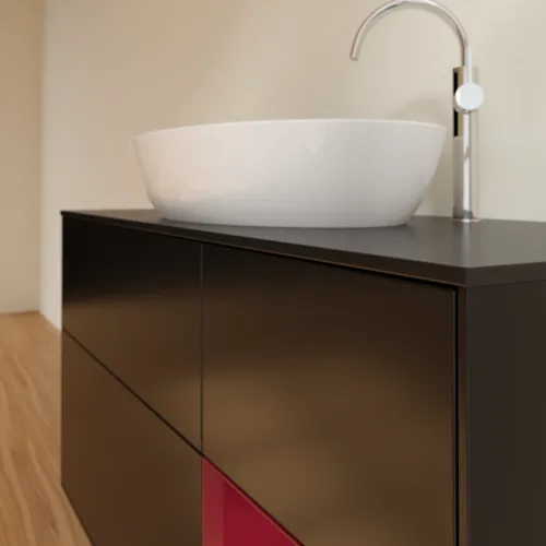 Bild von VILLEROY BOCH Finion Waschbeckenunterschrank, mit Beleuchtung, 3 Auszüge, 1200 x 603 x 501 mm, Black Matt Lacquer / Peony Matt Lacquer / Glass Black Matt #F952HBPD
