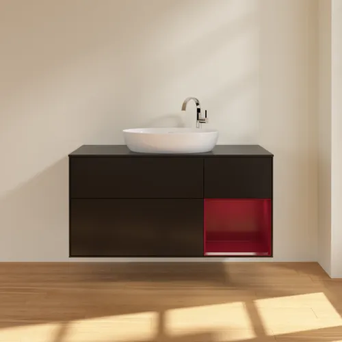 Bild von VILLEROY BOCH Finion Waschbeckenunterschrank, mit Beleuchtung, 3 Auszüge, 1200 x 603 x 501 mm, Black Matt Lacquer / Peony Matt Lacquer / Glass Black Matt #F952HBPD