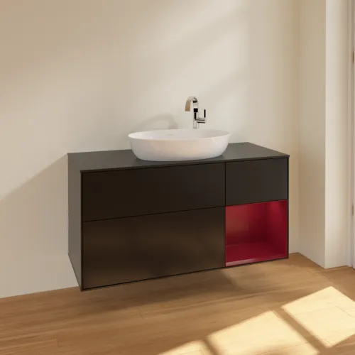 Bild von VILLEROY BOCH Finion Waschbeckenunterschrank, mit Beleuchtung, 3 Auszüge, 1200 x 603 x 501 mm, Black Matt Lacquer / Peony Matt Lacquer / Glass Black Matt #F952HBPD