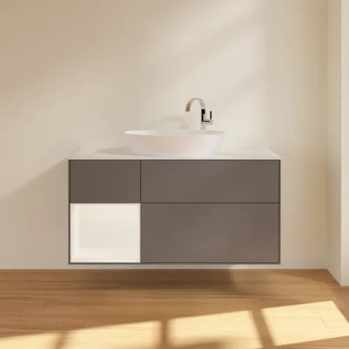 Bild von VILLEROY BOCH Finion Waschbeckenunterschrank, mit Beleuchtung, 3 Auszüge, 1200 x 603 x 501 mm, Anthracite Matt Lacquer / White Matt Lacquer / Glass White Matt #F941MTGK