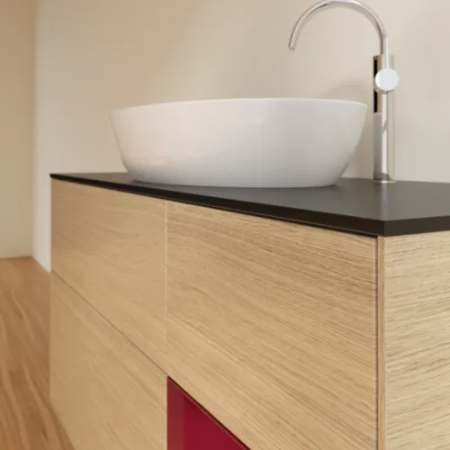 Bild von VILLEROY BOCH Finion Waschbeckenunterschrank, mit Beleuchtung, 3 Auszüge, 1200 x 603 x 501 mm, Oak Veneer / Peony Matt Lacquer / Glass Black Matt #F952HBPC