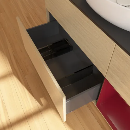 Bild von VILLEROY BOCH Finion Waschbeckenunterschrank, mit Beleuchtung, 3 Auszüge, 1200 x 603 x 501 mm, Oak Veneer / Peony Matt Lacquer / Glass Black Matt #F952HBPC