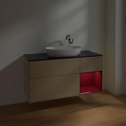 Bild von VILLEROY BOCH Finion Waschbeckenunterschrank, mit Beleuchtung, 3 Auszüge, 1200 x 603 x 501 mm, Oak Veneer / Peony Matt Lacquer / Glass Black Matt #F952HBPC