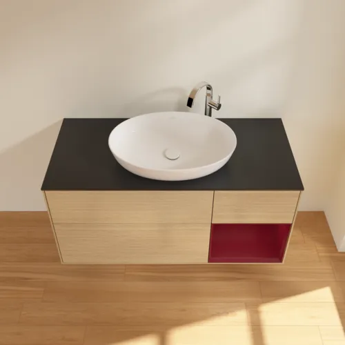 Bild von VILLEROY BOCH Finion Waschbeckenunterschrank, mit Beleuchtung, 3 Auszüge, 1200 x 603 x 501 mm, Oak Veneer / Peony Matt Lacquer / Glass Black Matt #F952HBPC