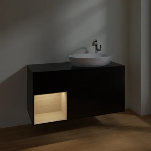 Bild von VILLEROY BOCH Finion Waschbeckenunterschrank, mit Beleuchtung, 3 Auszüge, 1200 x 603 x 501 mm, Black Matt Lacquer / Oak Veneer / Glass Black Matt #F922PCPD