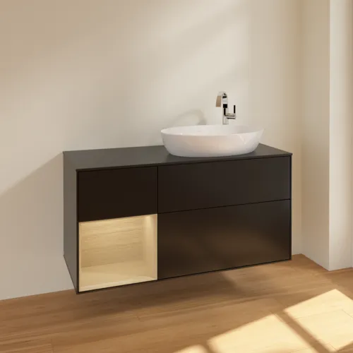 Bild von VILLEROY BOCH Finion Waschbeckenunterschrank, mit Beleuchtung, 3 Auszüge, 1200 x 603 x 501 mm, Black Matt Lacquer / Oak Veneer / Glass Black Matt #F922PCPD