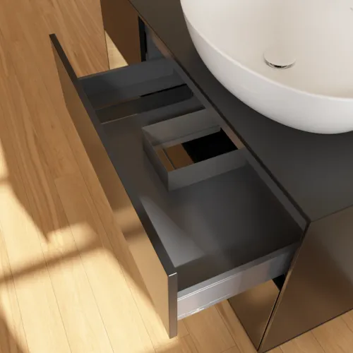 Bild von VILLEROY BOCH Finion Waschbeckenunterschrank, mit Beleuchtung, 3 Auszüge, 1200 x 603 x 501 mm, Black Matt Lacquer / Oak Veneer / Glass Black Matt #F922PCPD