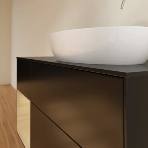 Bild von VILLEROY BOCH Finion Waschbeckenunterschrank, mit Beleuchtung, 3 Auszüge, 1200 x 603 x 501 mm, Black Matt Lacquer / Oak Veneer / Glass Black Matt #F922PCPD