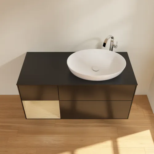 Bild von VILLEROY BOCH Finion Waschbeckenunterschrank, mit Beleuchtung, 3 Auszüge, 1200 x 603 x 501 mm, Black Matt Lacquer / Oak Veneer / Glass Black Matt #F922PCPD