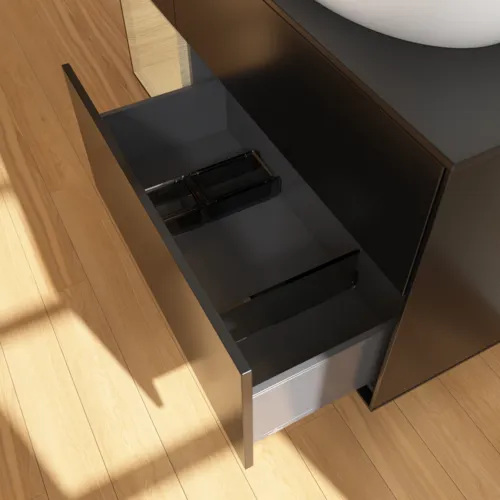 Bild von VILLEROY BOCH Finion Waschbeckenunterschrank, mit Beleuchtung, 3 Auszüge, 1200 x 603 x 501 mm, Black Matt Lacquer / Oak Veneer / Glass Black Matt #F922PCPD