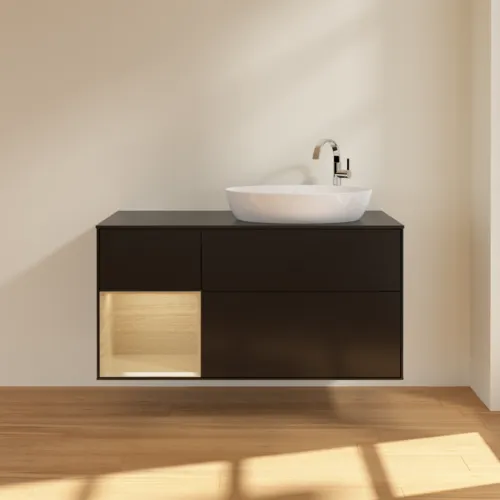 Bild von VILLEROY BOCH Finion Waschbeckenunterschrank, mit Beleuchtung, 3 Auszüge, 1200 x 603 x 501 mm, Black Matt Lacquer / Oak Veneer / Glass Black Matt #F922PCPD