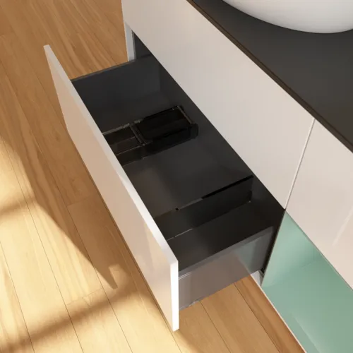 Bild von VILLEROY BOCH Finion Waschbeckenunterschrank, mit Beleuchtung, 3 Auszüge, 1200 x 603 x 501 mm, Glossy White Lacquer / Olive Matt Lacquer / Glass Black Matt #F932GMGF