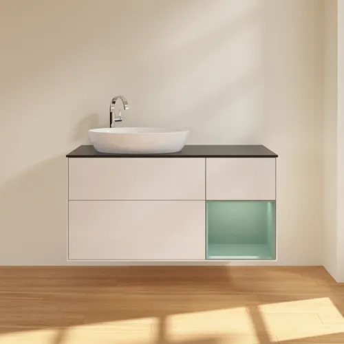 Bild von VILLEROY BOCH Finion Waschbeckenunterschrank, mit Beleuchtung, 3 Auszüge, 1200 x 603 x 501 mm, Glossy White Lacquer / Olive Matt Lacquer / Glass Black Matt #F932GMGF