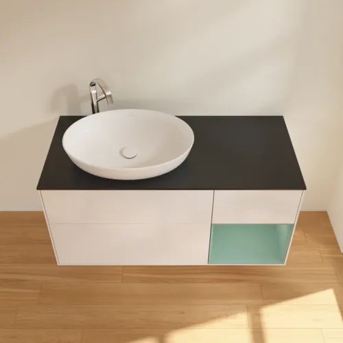 Bild von VILLEROY BOCH Finion Waschbeckenunterschrank, mit Beleuchtung, 3 Auszüge, 1200 x 603 x 501 mm, Glossy White Lacquer / Olive Matt Lacquer / Glass Black Matt #F932GMGF