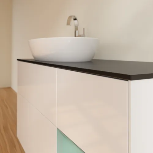 Bild von VILLEROY BOCH Finion Waschbeckenunterschrank, mit Beleuchtung, 3 Auszüge, 1200 x 603 x 501 mm, Glossy White Lacquer / Olive Matt Lacquer / Glass Black Matt #F932GMGF
