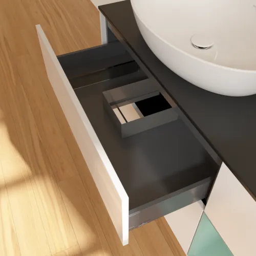 Bild von VILLEROY BOCH Finion Waschbeckenunterschrank, mit Beleuchtung, 3 Auszüge, 1200 x 603 x 501 mm, Glossy White Lacquer / Olive Matt Lacquer / Glass Black Matt #F932GMGF