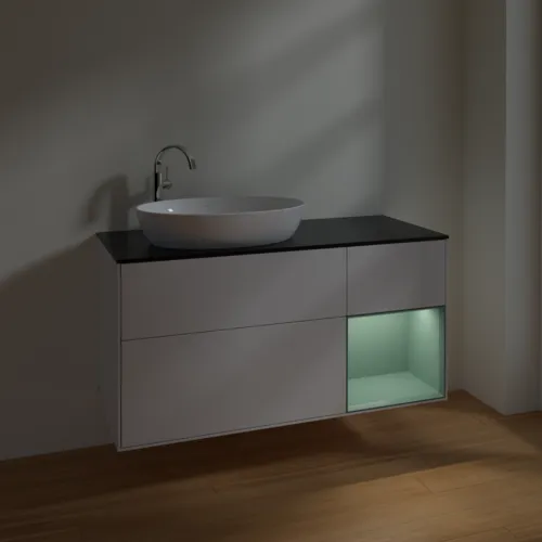 Bild von VILLEROY BOCH Finion Waschbeckenunterschrank, mit Beleuchtung, 3 Auszüge, 1200 x 603 x 501 mm, Glossy White Lacquer / Olive Matt Lacquer / Glass Black Matt #F932GMGF