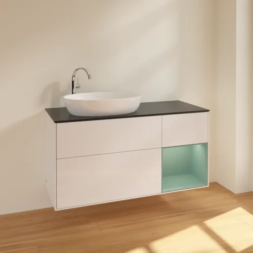 Bild von VILLEROY BOCH Finion Waschbeckenunterschrank, mit Beleuchtung, 3 Auszüge, 1200 x 603 x 501 mm, Glossy White Lacquer / Olive Matt Lacquer / Glass Black Matt #F932GMGF