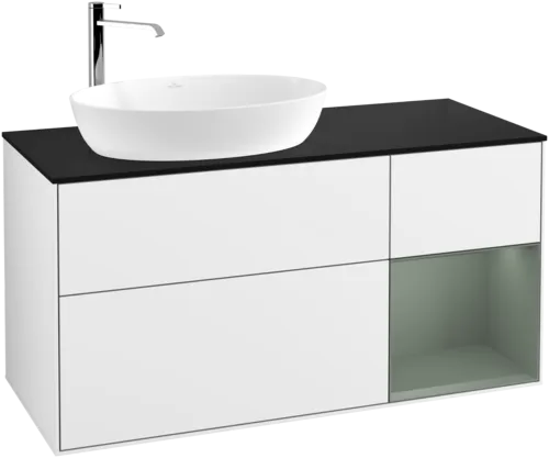 Зображення з  VILLEROY BOCH Finion Vanity unit, with lighting, 3 pull-out compartments, 1200 x 603 x 501 mm, Glossy White Lacquer / Olive Matt Lacquer / Glass Black Matt #F932GMGF