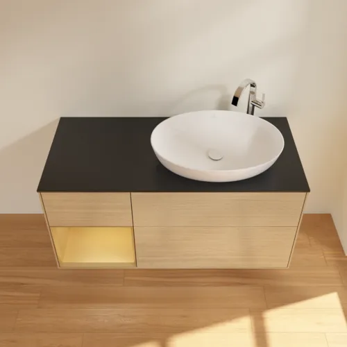 VILLEROY BOCH Finion Waschbeckenunterschrank, mit Beleuchtung, 3 Auszüge, 1200 x 603 x 501 mm, Oak Veneer / Gold Matt Lacquer / Glass Black Matt #F922HFPC, Bild 4