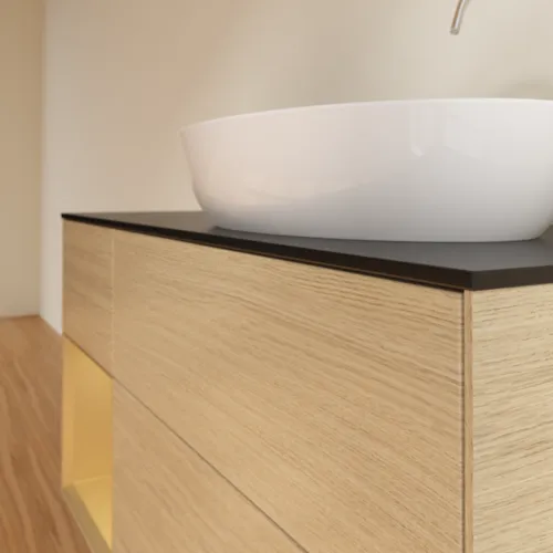 VILLEROY BOCH Finion Waschbeckenunterschrank, mit Beleuchtung, 3 Auszüge, 1200 x 603 x 501 mm, Oak Veneer / Gold Matt Lacquer / Glass Black Matt #F922HFPC, Bild 6