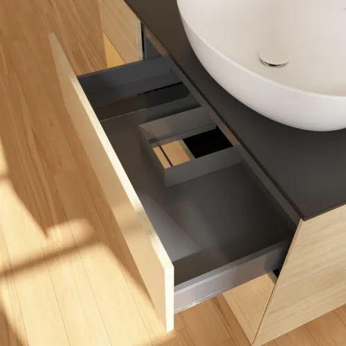 VILLEROY BOCH Finion Waschbeckenunterschrank, mit Beleuchtung, 3 Auszüge, 1200 x 603 x 501 mm, Oak Veneer / Gold Matt Lacquer / Glass Black Matt #F922HFPC, Bild 8