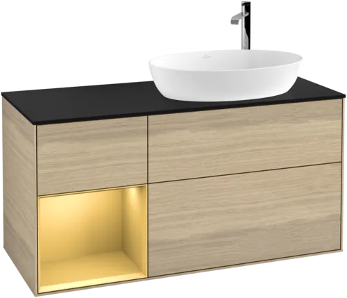 Picture of VILLEROY BOCH Finion Vanity unit, with lighting, 3 pull-out compartments, 1200 x 603 x 501 mm, Oak Veneer / Gold Matt Lacquer / Glass Black Matt #F922HFPC