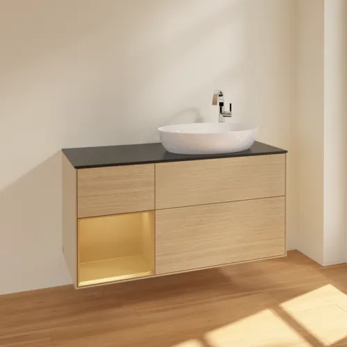 VILLEROY BOCH Finion Waschbeckenunterschrank, mit Beleuchtung, 3 Auszüge, 1200 x 603 x 501 mm, Oak Veneer / Gold Matt Lacquer / Glass Black Matt #F922HFPC, Bild 2