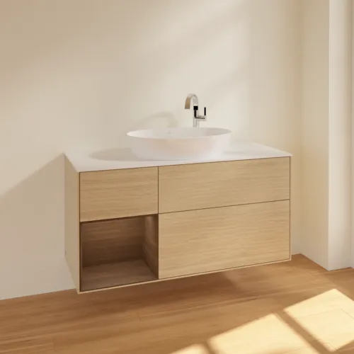 Bild von VILLEROY BOCH Finion Waschbeckenunterschrank, mit Beleuchtung, 3 Auszüge, 1200 x 603 x 501 mm, Oak Veneer / Walnut Veneer / Glass White Matt #F941GNPC