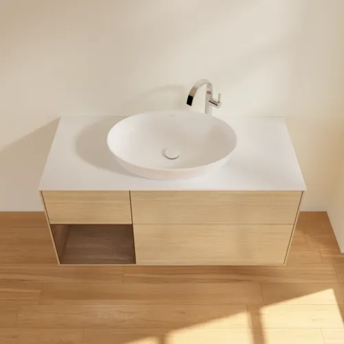 Bild von VILLEROY BOCH Finion Waschbeckenunterschrank, mit Beleuchtung, 3 Auszüge, 1200 x 603 x 501 mm, Oak Veneer / Walnut Veneer / Glass White Matt #F941GNPC