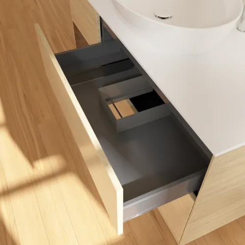 Bild von VILLEROY BOCH Finion Waschbeckenunterschrank, mit Beleuchtung, 3 Auszüge, 1200 x 603 x 501 mm, Oak Veneer / Walnut Veneer / Glass White Matt #F941GNPC