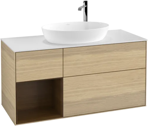 Picture of VILLEROY BOCH Finion Vanity unit, with lighting, 3 pull-out compartments, 1200 x 603 x 501 mm, Oak Veneer / Walnut Veneer / Glass White Matt #F941GNPC