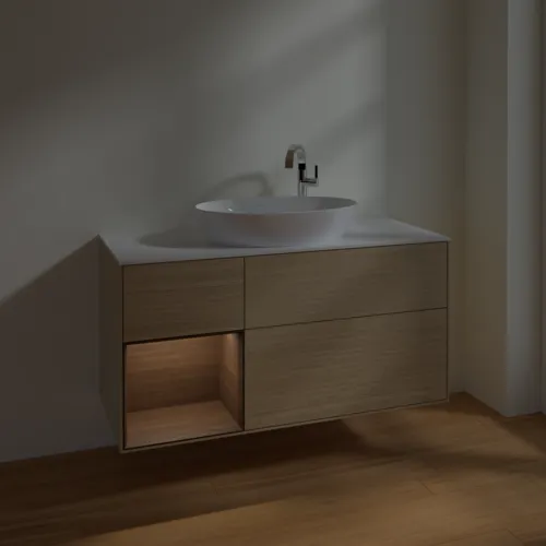 Bild von VILLEROY BOCH Finion Waschbeckenunterschrank, mit Beleuchtung, 3 Auszüge, 1200 x 603 x 501 mm, Oak Veneer / Walnut Veneer / Glass White Matt #F941GNPC