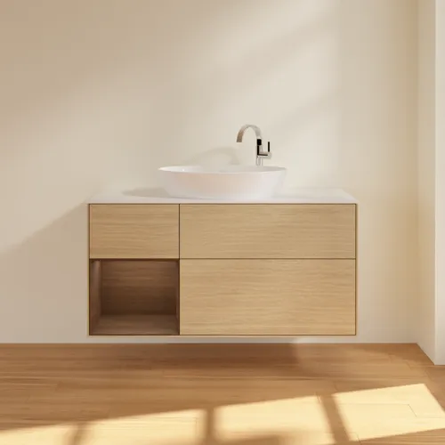 Bild von VILLEROY BOCH Finion Waschbeckenunterschrank, mit Beleuchtung, 3 Auszüge, 1200 x 603 x 501 mm, Oak Veneer / Walnut Veneer / Glass White Matt #F941GNPC