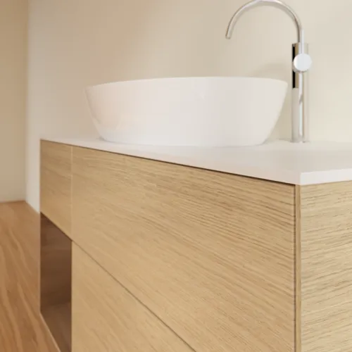 Bild von VILLEROY BOCH Finion Waschbeckenunterschrank, mit Beleuchtung, 3 Auszüge, 1200 x 603 x 501 mm, Oak Veneer / Walnut Veneer / Glass White Matt #F941GNPC