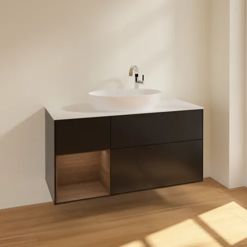 Bild von VILLEROY BOCH Finion Waschbeckenunterschrank, mit Beleuchtung, 3 Auszüge, 1200 x 603 x 501 mm, Black Matt Lacquer / Walnut Veneer / Glass White Matt #F941GNPD