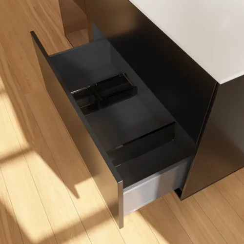 Bild von VILLEROY BOCH Finion Waschbeckenunterschrank, mit Beleuchtung, 3 Auszüge, 1200 x 603 x 501 mm, Black Matt Lacquer / Walnut Veneer / Glass White Matt #F941GNPD