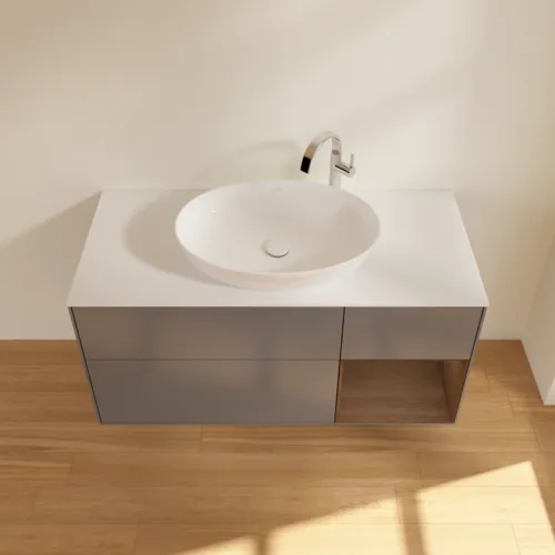 Bild von VILLEROY BOCH Finion Waschbeckenunterschrank, mit Beleuchtung, 3 Auszüge, 1200 x 603 x 501 mm, Anthracite Matt Lacquer / Walnut Veneer / Glass White Matt #F951GNGK