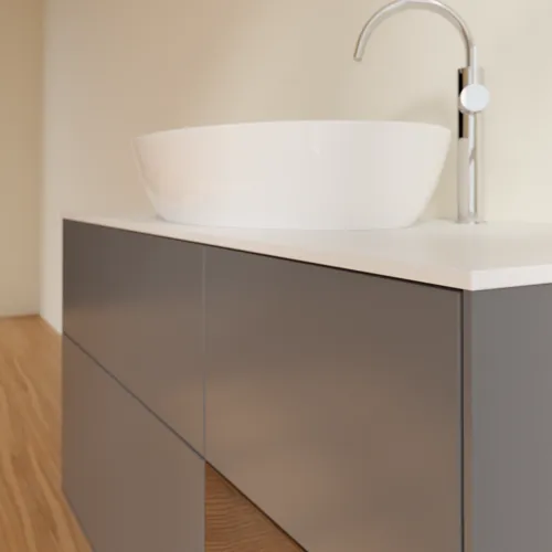 Bild von VILLEROY BOCH Finion Waschbeckenunterschrank, mit Beleuchtung, 3 Auszüge, 1200 x 603 x 501 mm, Anthracite Matt Lacquer / Walnut Veneer / Glass White Matt #F951GNGK