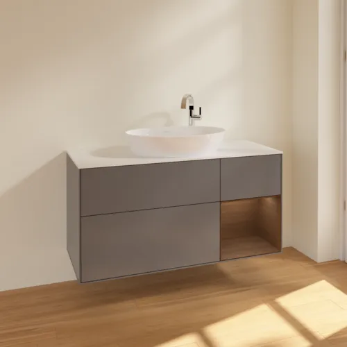 Bild von VILLEROY BOCH Finion Waschbeckenunterschrank, mit Beleuchtung, 3 Auszüge, 1200 x 603 x 501 mm, Anthracite Matt Lacquer / Walnut Veneer / Glass White Matt #F951GNGK