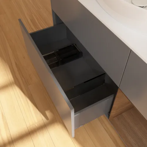 Bild von VILLEROY BOCH Finion Waschbeckenunterschrank, mit Beleuchtung, 3 Auszüge, 1200 x 603 x 501 mm, Anthracite Matt Lacquer / Walnut Veneer / Glass White Matt #F951GNGK