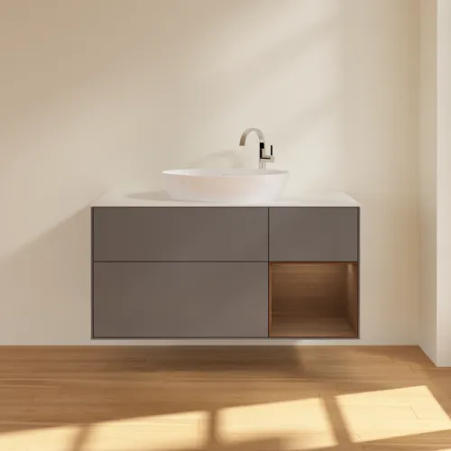 Bild von VILLEROY BOCH Finion Waschbeckenunterschrank, mit Beleuchtung, 3 Auszüge, 1200 x 603 x 501 mm, Anthracite Matt Lacquer / Walnut Veneer / Glass White Matt #F951GNGK