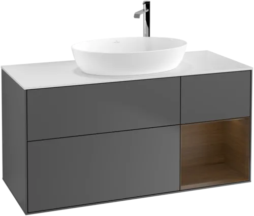 Picture of VILLEROY BOCH Finion Vanity unit, with lighting, 3 pull-out compartments, 1200 x 603 x 501 mm, Anthracite Matt Lacquer / Walnut Veneer / Glass White Matt #F951GNGK