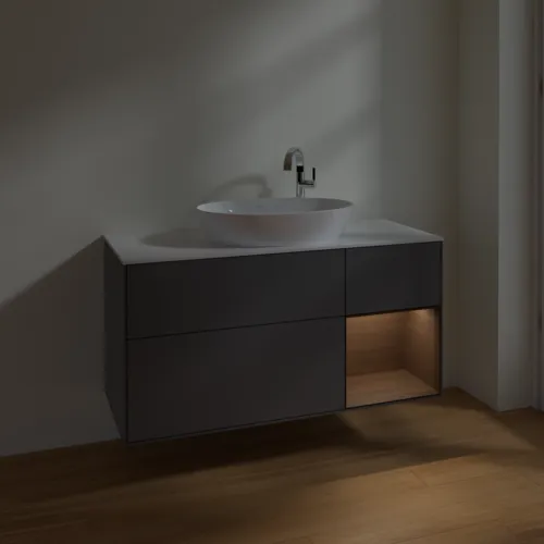 Bild von VILLEROY BOCH Finion Waschbeckenunterschrank, mit Beleuchtung, 3 Auszüge, 1200 x 603 x 501 mm, Anthracite Matt Lacquer / Walnut Veneer / Glass White Matt #F951GNGK